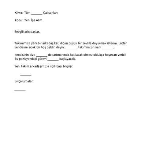 Yeni Çalışan Duyurusu örnek, kişiselleştirilecek form. 