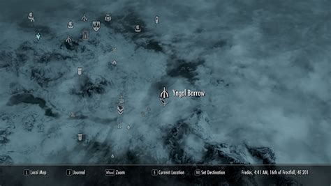 Yngol barrow. Yngol Barrow is a Nordic ruin located north-east of Windhelm, along the south side of the White River. Once inside, there is a small glowing blue orb, possibly a "sea ghost" which seems to be leading the way through. As the Dragonborn progresses through the barrow, more and more small orbs join... 