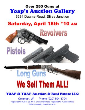 Yoap and yoap. Please bring a Bank Letter of Credit for large checks. Auction Company reserves the right to Hold Items until payment can be verified. Registered WI Auction Co. #480 Cols. Henry Yoap & Leonard Yoap, Registered WI Auctioneers #338 & 339. YOAP & YOAP Auction & Real Estate (920) 604-1704. 11149 Ledge Lane, Coleman, WI 54112 