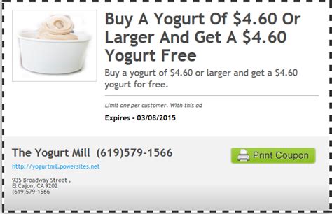 Yogurt mill coupons printable. Yogurt Mill El Cajon Coupon Printable - Web serving the best and most delicious yogurt for 39 years! Download the yogurt mill app. 935 broadway, el cajon, ca 92021 Yogurt mill offers a wide range of delicious ice cream flavors, from classic favorites like chocolate and vanilla to unique options like cake batter and cookie dough. El cajon, ca ... 