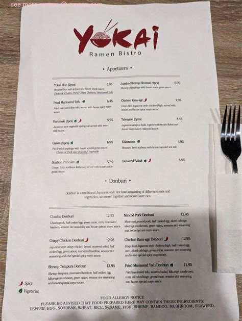 Yokai ramen bistro menu. Amenities : Bar onsite, High chairs, Restroom. Atmosphere : Casual, Cozy, Trendy. Planning : Accepts reservations. Payments : Credit cards, Debit cards, NFC mobile payments. View the online menu of Yokai Ramen Bistro and other restaurants in Delaware, Ohio. 