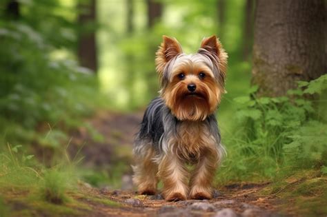 Yorkshire Terrier walking in the woods