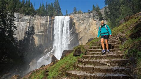 Yosemite mist trail. Hike is 6.4 miles loop with 2208 ft elevation. The stairs carved in stone, the mist on Mist trail on the way up, the amazing Vernal and Nevada falls, amazing viewpoints, constant … 