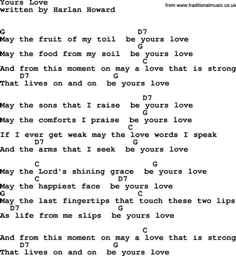 Dec 31, 2022 · Yours Love Lyrics by Connie Smith from the Young Love album - including song video, artist biography, translations and more: May the fruit of my toil be yours love and may the food from my soil be yours love And from this moment on may a lov… 