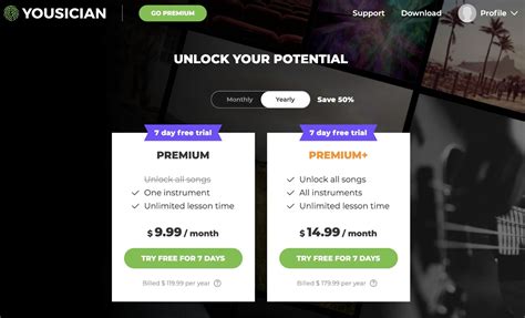 Yousician cost. Yousician offers a seven-day free trial for either their Premium or Premium Plus memberships, both of which give you access to thousands of guitar and song lessons. The Premium membership is $9.99 per month or $119.99 per year, which gives you the opportunity to learn one instrument of your choice. 