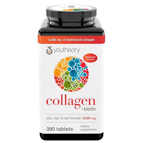 Youtheory. Youtheory® Collagen can help you achieve inner health and outer beauty. Providing 6,000 mg of easily digested and highly absorbable collagen peptides per serving, this formula supplies the essential building blocks to support healthy aging and a more youthful appearance. It also features a daily dose of vitamin C to help aid normal collagen ... 