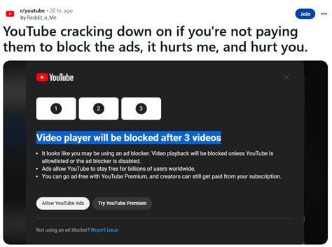 Youtube ad block reddit. 63 votes, 45 comments. true. right I have a bunch of different ad blockers, and played around , unlock was the only one that wasn't cause slow down. here the thing tho I have premium of youtube and its still slow as shit when ad block pulse was turned on. turned on just unlock and it worked fine. but the fact that I have premium and … 