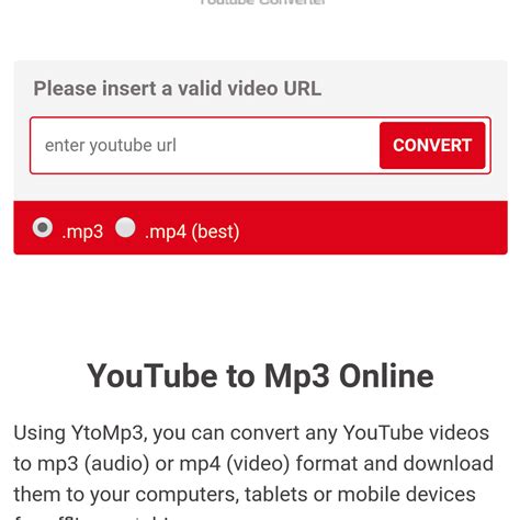 Ytomp3. Step 2. Press the search button to start the conversion or type some keywords to search something. Step 3. Choose the type of audio / video file that you want and click the download button. NOTE! For the playlist you need to click the 'Download' button for each song. Convert YouTube videos to MP3 or MP4 files with … 
