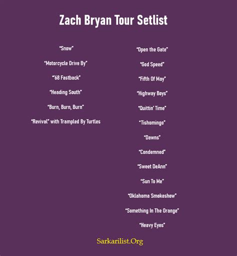 Las Vegas, NV. Tickets & Info. Calendar. All Zach Bryan tour dates. Zach Bryan setlist from Enterprise Center in St. Louis, MO on May 2, 2024 with The Middle East, and Levi Turner.. 