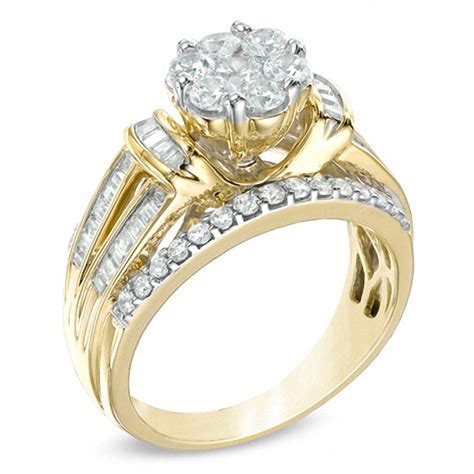 Zales pre owned engagement rings. Lavish and brilliant, the diamonds along this stunning engagement ring sparkle with beauty. She deserves the best, so ask for her hand with a ring she'll adore. A traditional 1/2 ct. round diamond glistens beautifully at the heart of this ring. Accented by shimmering round diamonds, this ring is classy and elegant. Set in polished 14K white gold, diamonds totalling 3/4 ct. gracefully brighten ... 