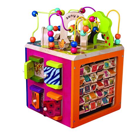Zanyzo. •Wooden Activity Cube: Explore five sides of fun and learn about a ton of animals with our wooden activity center! <br>•Fun Features: Discover alphabet tiles, a bead maze, zigzag tracks, peek-a-boo doors, and more! <br>•Smooth & Sturdy: This durable activity cube is made with solid wood and features rounded corners. … 
