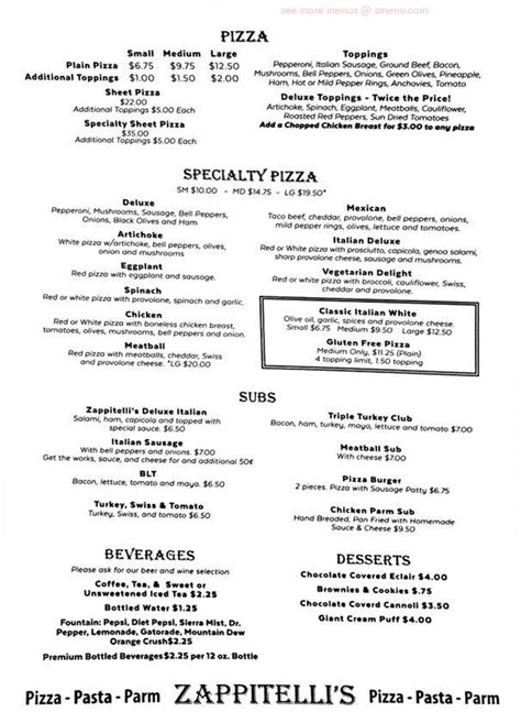 Zappitelli's menu. Zappitelli's. At this place visitors can delve deep into delicious dishes, and try good pasta, pizza and chicken. It is cool to enjoy delicious beer. This pizzeria is good for people who have dinner in a hurry as they can order food as a takeaway. Many guests mention that the staff is courteous at Zappitelli's. 