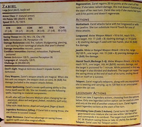 Zariel stats 5e. Hit: 5 (1d6 + 2) piercing damage, or 6 (1d8 + 2) piercing damage if used with two hands to make a melee attack. Longbow. Ranged Weapon Attack: +3 to hit, range 150/600 ft., one target. Hit: 5 (1d8 + 1) piercing damage. Gnolls are feral, hyena-headed humanoids that attack without warning, slaughtering their victims and devouring their flesh. 