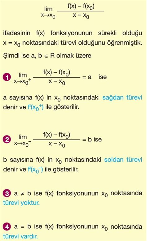 Zaten sürekli değil diyorsa türev aramaya gerek yok :) Sağdan ve soldan eşit çıkmayacaktır derken turevı kastettınız degıl mıKöklü İfadelerin TüreviDerslerimizi www.