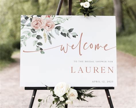 Welcome guests to your wedding shower with this beautiful poster. Add the guest of honor's name, shower date and custom welcome text using the fields provided. 4.9 out of 5 stars - Shop Blush Florals Bridal Shower Welcome Sign created by AdorePaperCo.. 