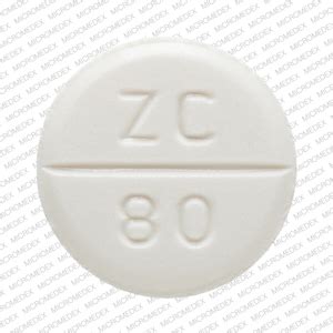 Zc 80 white pill. Enter the imprint code that appears on the pill. Example: L484; Select the the pill color (optional). Select the shape (optional). Alternatively, search by drug name or NDC code using the fields above. Tip: Search for the imprint first, then refine by color and/or shape if you have too many results. 