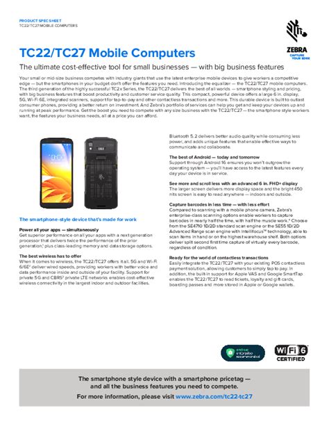 Zebra tc22 spec sheet.  The TC22/TC27 mobile computers are designed for small to mid-sized busi...