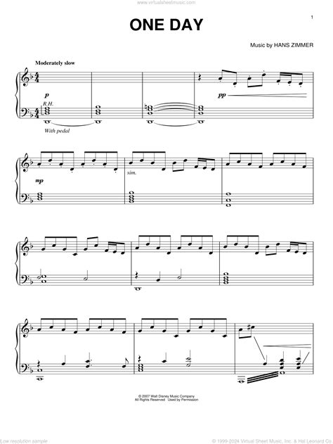 Zimmer One Day sheet music for piano solo [PDFinteractive]