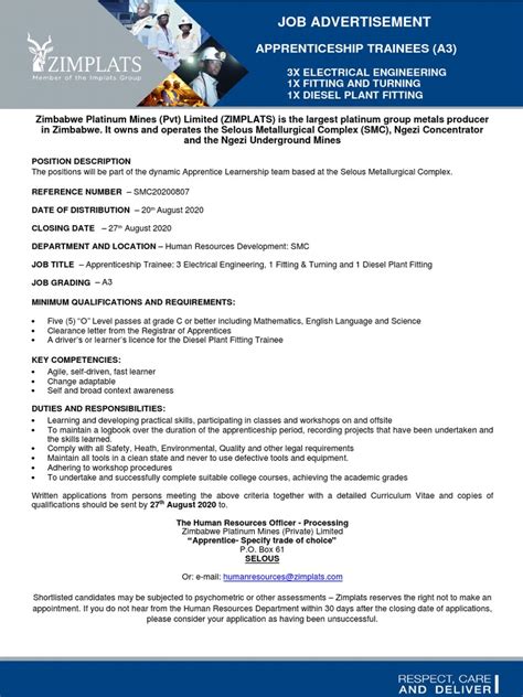 Zimplats apprenticeship intake 2026 dates.  The apprenticeships are 3-yea...