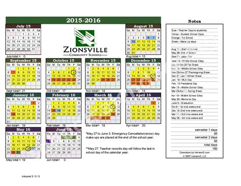 Zionsville Calendar