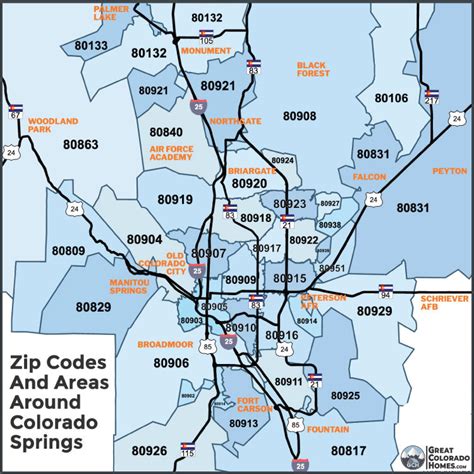 Zip code for co springs. There are about 30 Colorado Springs zip code numbers. Starting with 80901, the lower zip code numbers are assigned to older neighborhoods. As the city grew, higher zip code numbers were assigned to newer neighborhoods. Some zip codes are used by military bases at Fort Carson, Peterson AFB, Schriever AFB and US Air Force … 