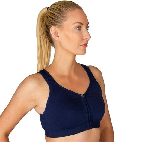 Zip front sports bra. The crossback straps on this high-support bra give you the support you need to keep your focus during high-impact workouts. Non-removable, breathable foam pads for extra support & coverage. Full zip front for easy on/off can be locked into place during wear with a quick push down. Mesh lining & insets provide extra ventilation. 