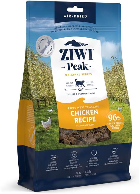 Ziwi peak cat food. Details. Safely air-dried and ready to serve, this single-protein recipe contains whole-prey ratios of 96% meat, organs, bone and New Zealand green mussels. Grain free and nutrient dense, this recipe packs more power than raw food or kibble into a smaller serving size. Plus, it's made without added carbs or fillers! 