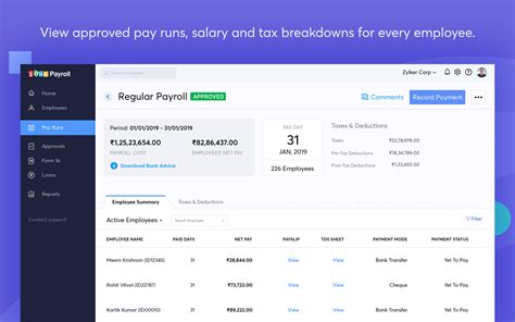 Zoho payroll. Core features - Automatic salary, tax, and deduction calculations - Compliance with tax and labour laws of India, UAE, and USA - Generate and distribute pay stubs … 