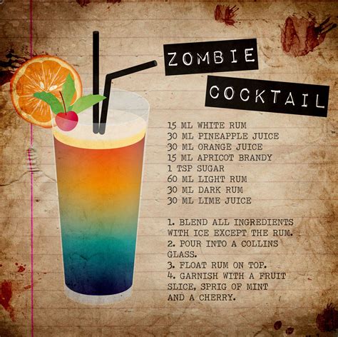 Zombie recipe. 1 cup cool water. Mix all in a large pitcher or gallon jug beforehand. Shake thoroughly, put in fridge until guests arrive. Once they arrive, shake thoroughly again, put extra ice in the pitcher and pour from that into a rocks glass, tumbler or Mai Tai glass over ice. 