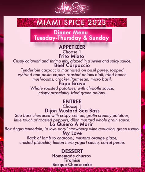 The official 2019 Miami Spice website, miamiandbeaches.com , lists participating restaurants and sample menus. Here's the full lineup of participants: Seven Spices. 107 Steak & Bar. 1111 Peruvian ... . 