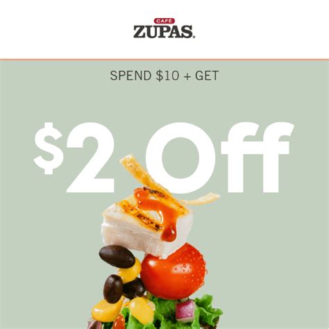 Zupas promo code. Cafe Zupas Coupons & Promo Codes for Sep 2023. Today's best Cafe Zupas Coupon Code: Visit Cafe Zupas website for latest deals & sales Big Sales in September: Deals Up to 75%! 