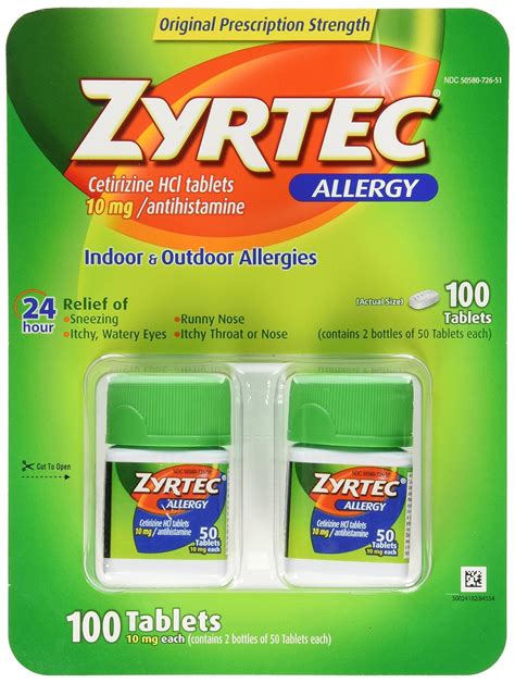 Nov 22, 2004 · About this item. 45-count bottle of Zyrtec 24 Hour Allergy Relief Tablets for powerful relief of your worst indoor and outdoor allergy symptoms, including runny nose, sneezing, itchy, watery eyes, and itchy nose and throat. 