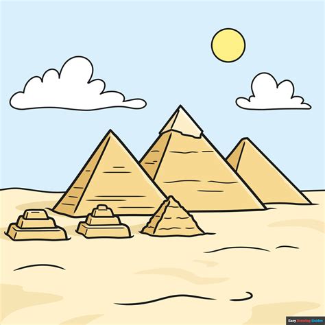 a drawing of a pyramid with clouds in the sky behind it and sand on the