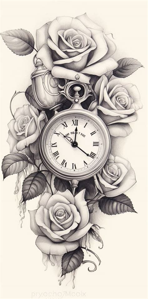 a drawing of a rose with a clock in the background