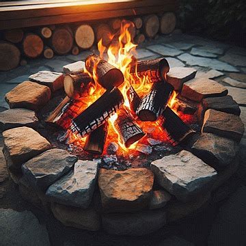 a fire pit with logs and flames in the middle, surrounded by rocks on