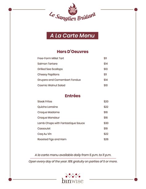 A La Carte Menu