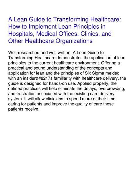 A Lean Guide To Transforming Healthcare How To Implement Lean Principles In Hospitals Medical Offices Clinics