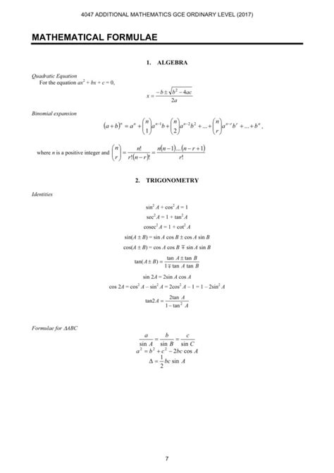 A Level Formula Sheet Maths Edexcel