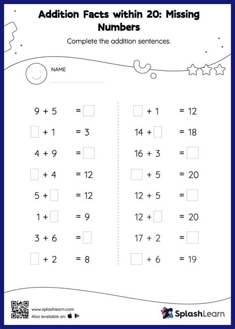 a printable worksheet for addition to the missing numbers in the table