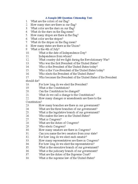 a sample 100 question citizenship test answers