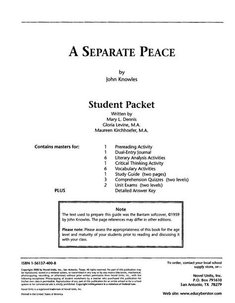A Separate Peace Chapter 1 Reading And Study A Separate Peace Worksheet Answers - A Separate Peace Worksheet Answers