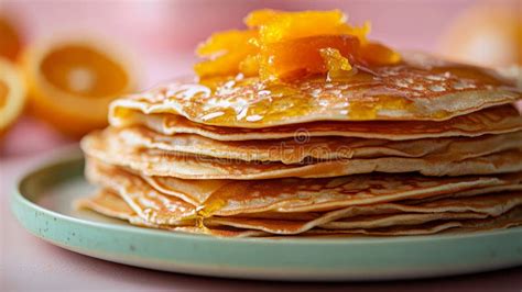 a stack of pancakes with nuts and orange slices