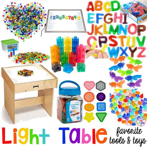 a table topped with toys and a lamp