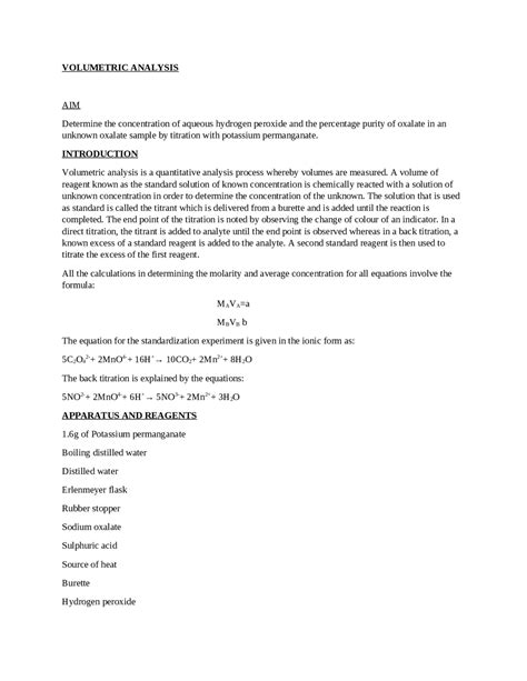 A Volumetric Analysis Lab Report Answers
