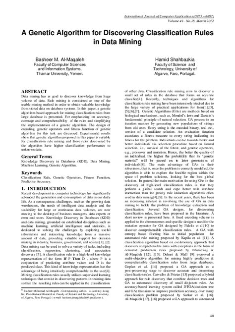 Read Online A Genetic Algorithm For Discovering Classification Rules 