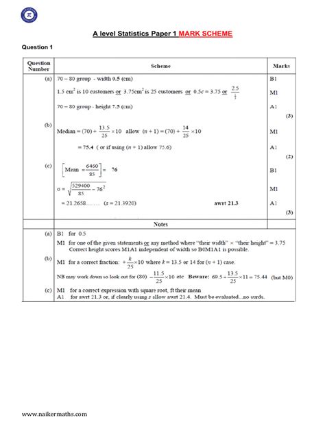 Download A Level Mathematics Statistics Mark Scheme Statistics 1B 