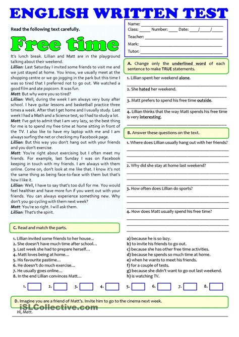 A1 Writing Exercises And Tests Test English English Writing Exercise - English Writing Exercise