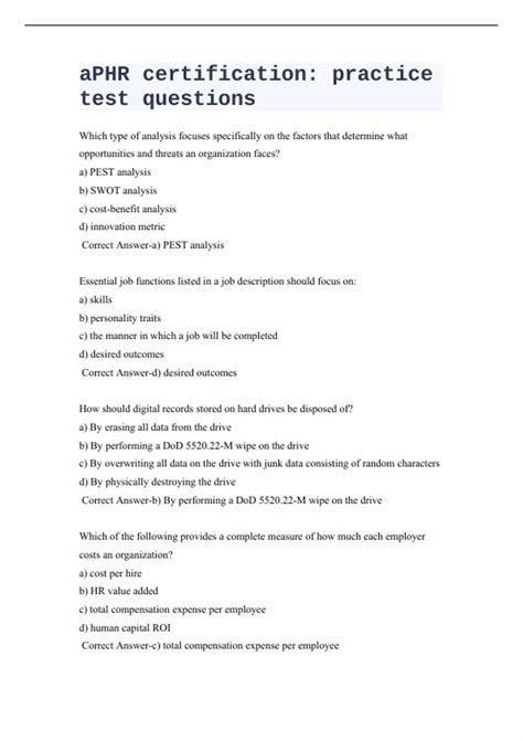 aPHR certification practice test questions with Correct Answers APHR