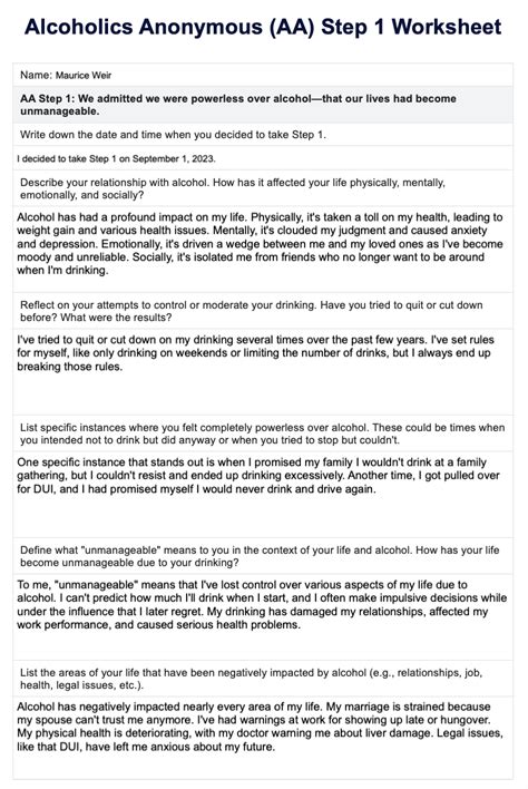 aa step worksheets step 1