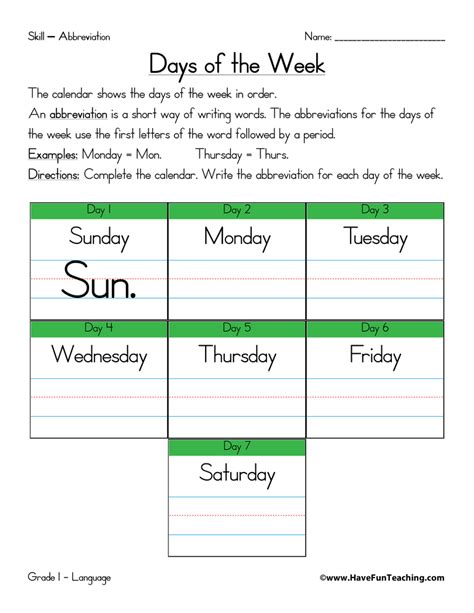 Abbreviation Days Of The Week Reading Worksheets Spelling Abbreviation Worksheet 1st Grade - Abbreviation Worksheet 1st Grade